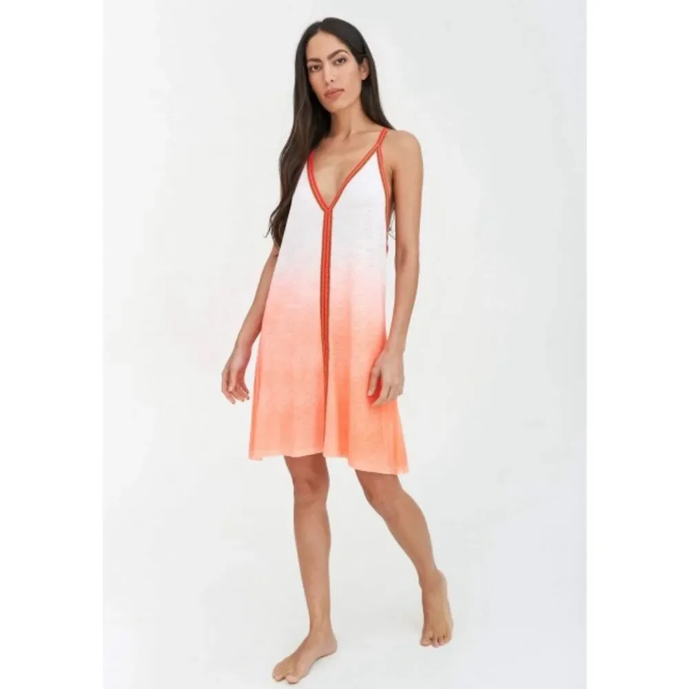 Pitusa Dip Dye Mini Sundress in Coral with signature Inca trim NWT
